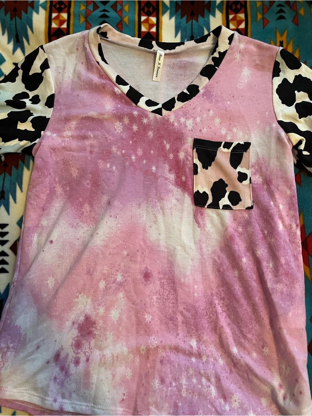 Pink Tie-Dye V-Neck Top with Cow Print Pocket